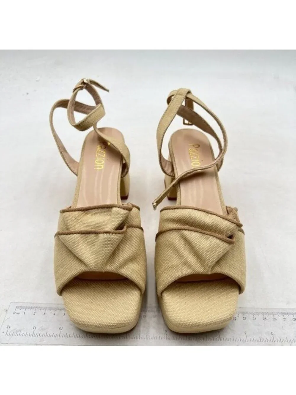 Pazzion Women Platform Square Toe Pleated Ruffle Sandals Chunky High Heels Nude